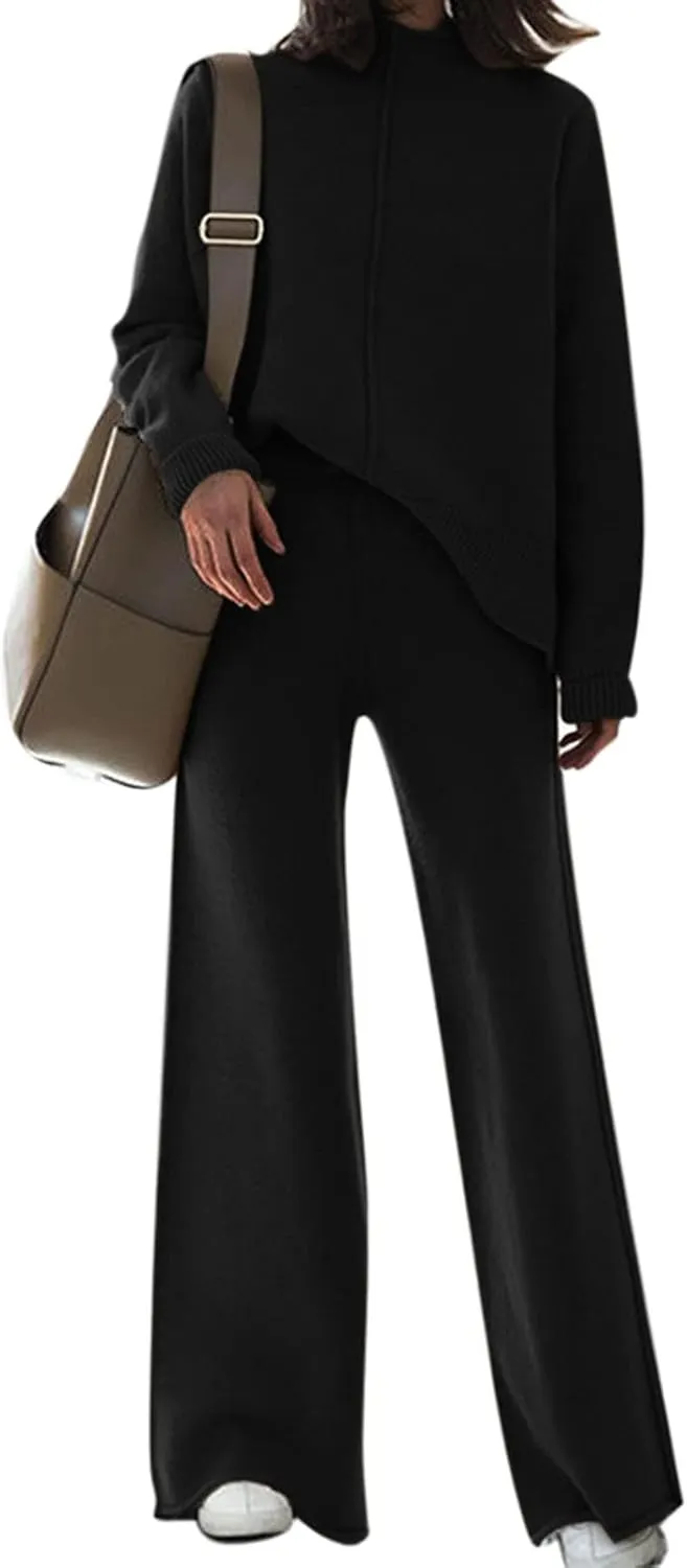 Linsery Women 2 Piece Outfits High Neck Knitted Sweater Wide Leg Pant Sweatsuit Lounge Sets