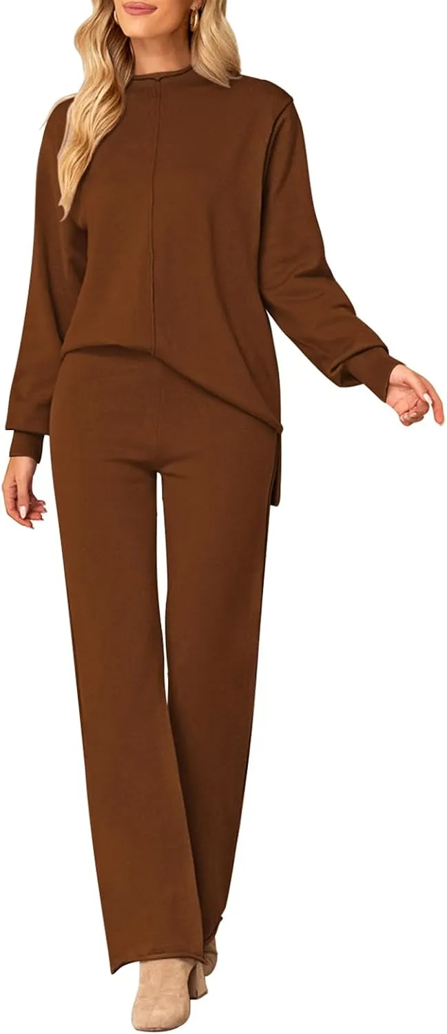 Linsery Women 2 Piece Outfits High Neck Knitted Sweater Wide Leg Pant Sweatsuit Lounge Sets
