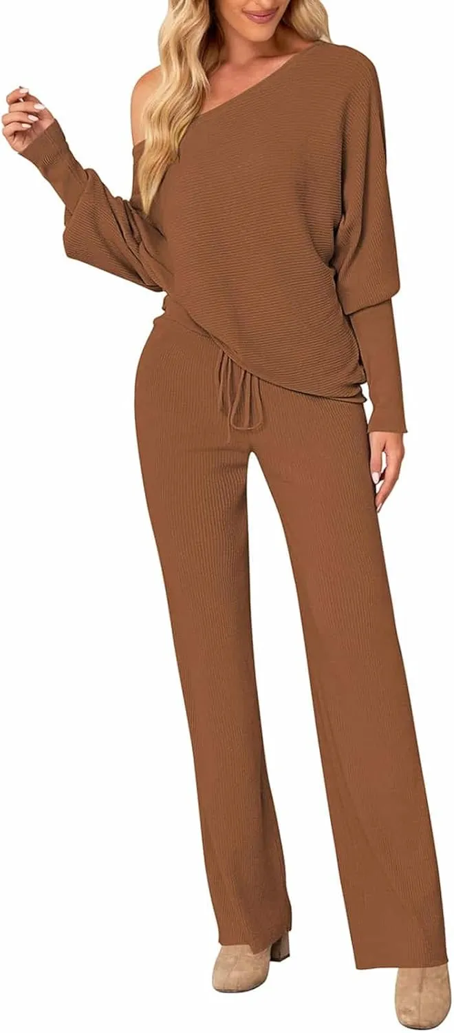 Linsery Women 2 Piece Sweater Sets High Neck Knitted Pullover Wide Leg Casual Sweatsuit
