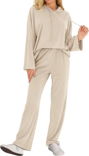 MASCOMODA Fall Two Piece Outfits for Women Ribbed Knit Lounge Set Long Sleeve Hoodie Pullover Tops Wide Leg Pants Tracksuit