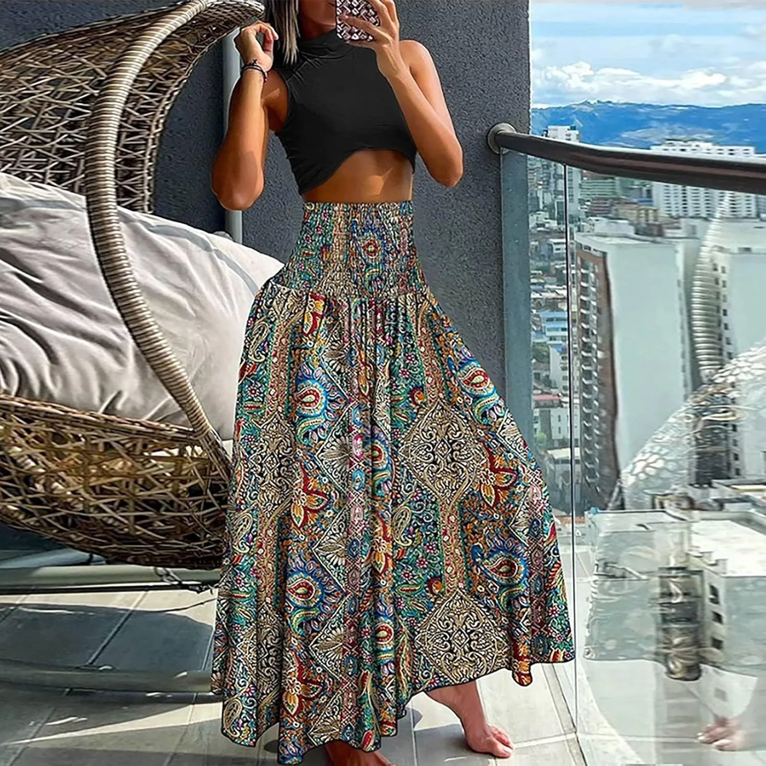 Maxi Skirts for Women 2025 Vintage Printed High Waist Flowy Hem Trendy Skirts Relaxed Beach Vacation Skirt
