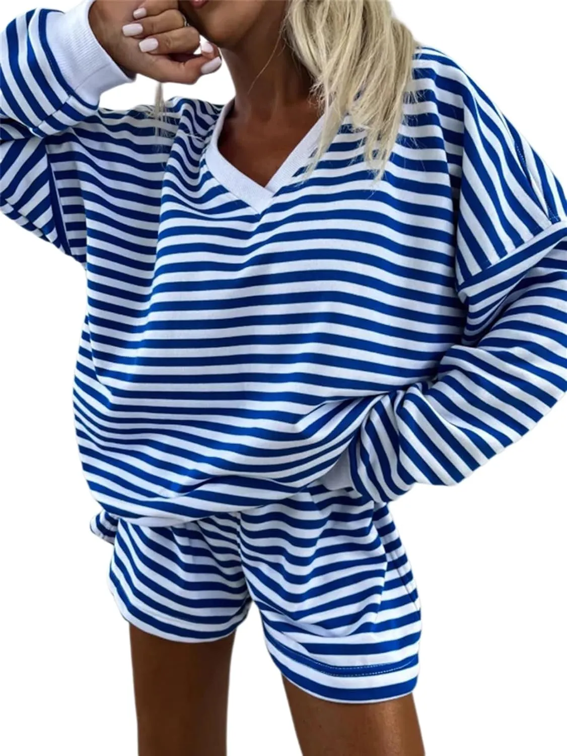 Melliflo Women 2 Piece Outfits Lounge Sets Striped Print Long Sleeve V Neck Sweatshirt and Shorts Set Fall Sweatsuit