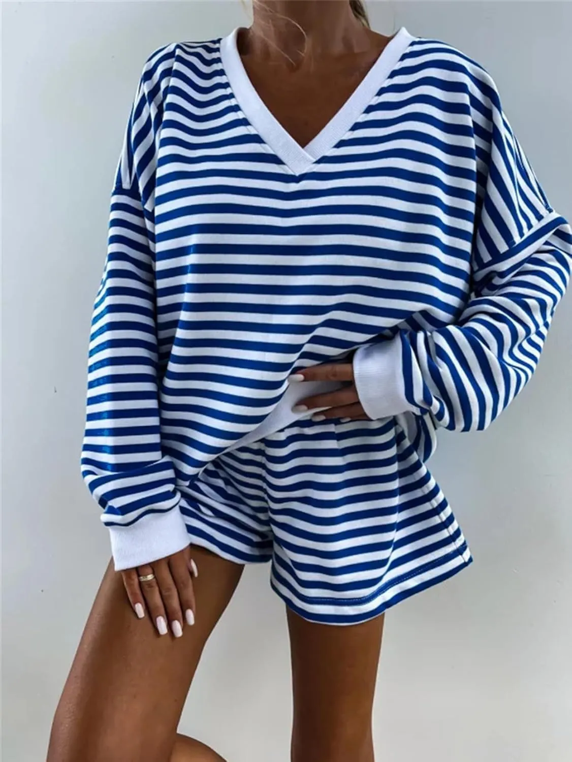 Melliflo Women 2 Piece Outfits Lounge Sets Striped Print Long Sleeve V Neck Sweatshirt and Shorts Set Fall Sweatsuit