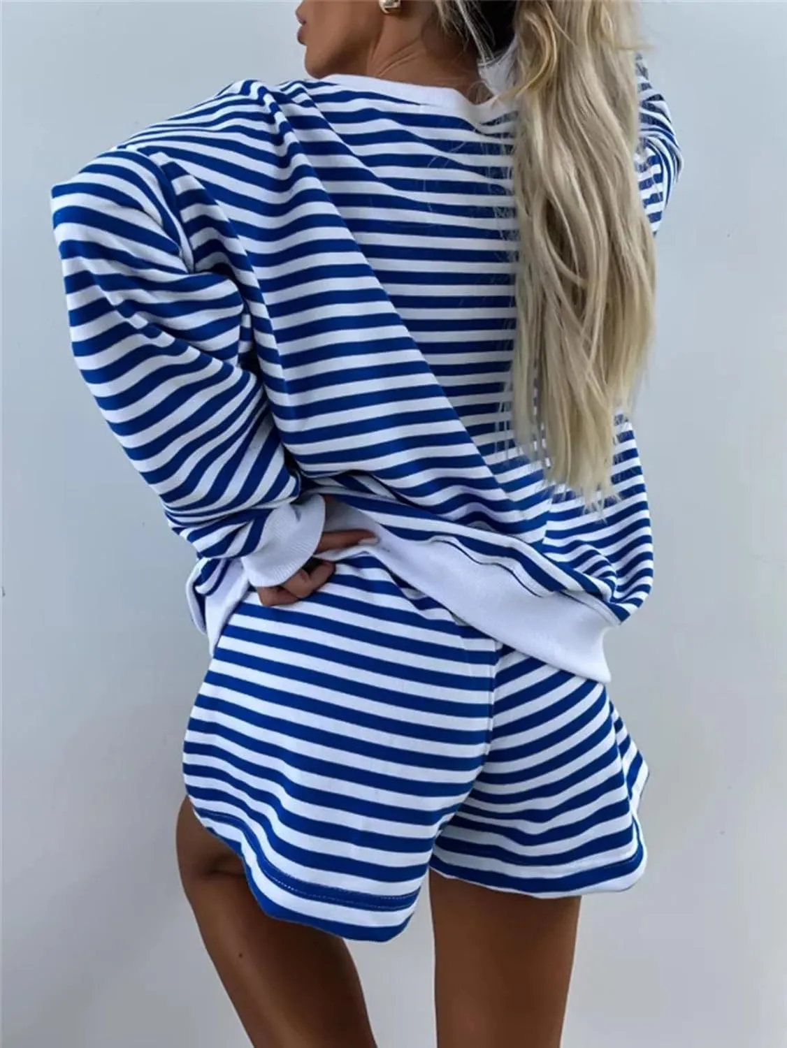 Melliflo Women 2 Piece Outfits Lounge Sets Striped Print Long Sleeve V Neck Sweatshirt and Shorts Set Fall Sweatsuit