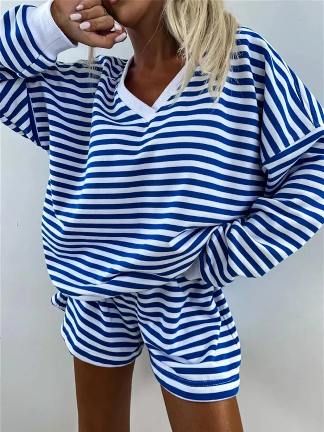 Melliflo Women 2 Piece Outfits Lounge Sets Striped Print Long Sleeve V Neck Sweatshirt and Shorts Set Fall Sweatsuit