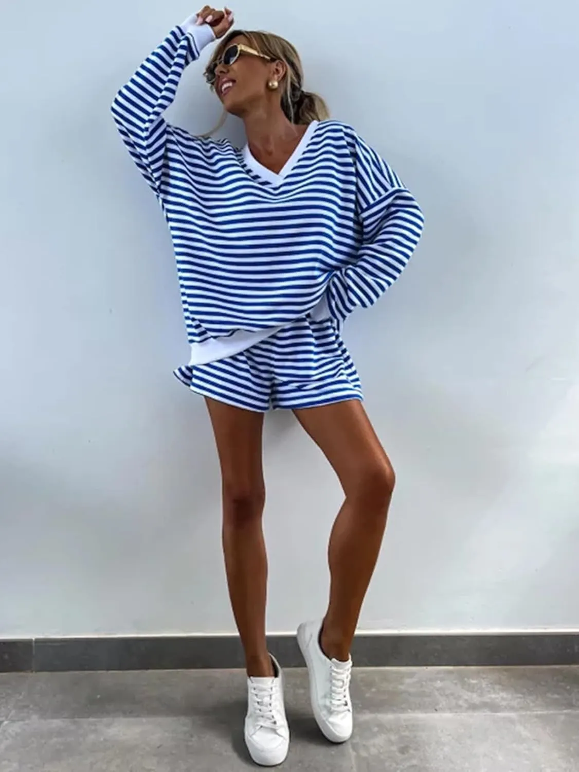 Melliflo Women 2 Piece Outfits Lounge Sets Striped Print Long Sleeve V Neck Sweatshirt and Shorts Set Fall Sweatsuit