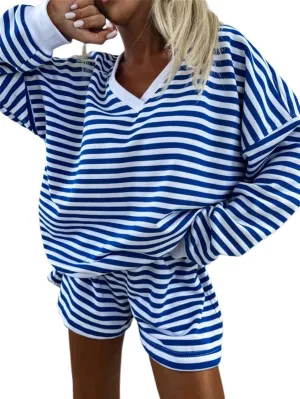 Melliflo Women 2 Piece Outfits Lounge Sets Striped Print Long Sleeve V Neck Sweatshirt and Shorts Set Fall Sweatsuit