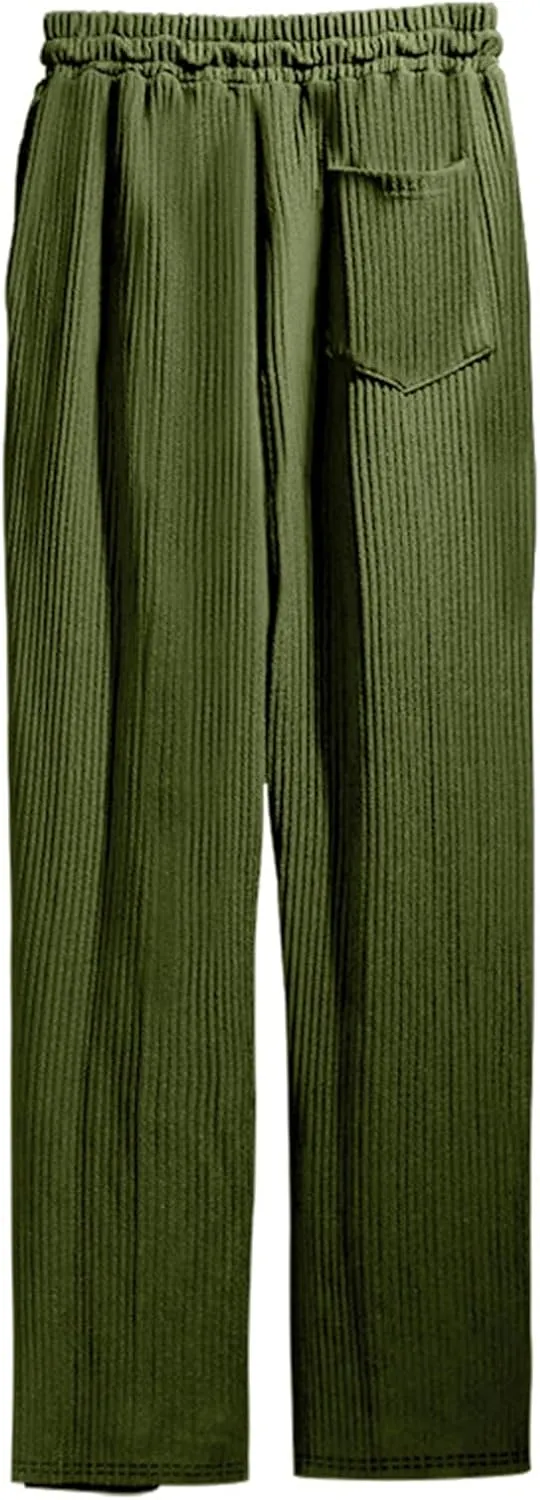 Mens Casual Corduroy Pants Drawstring Straight Harem Loose Sweatpants Elastic Waist Lightweight Fashion Trousers