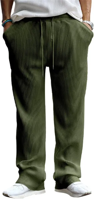 Mens Casual Corduroy Pants Drawstring Straight Harem Loose Sweatpants Elastic Waist Lightweight Fashion Trousers