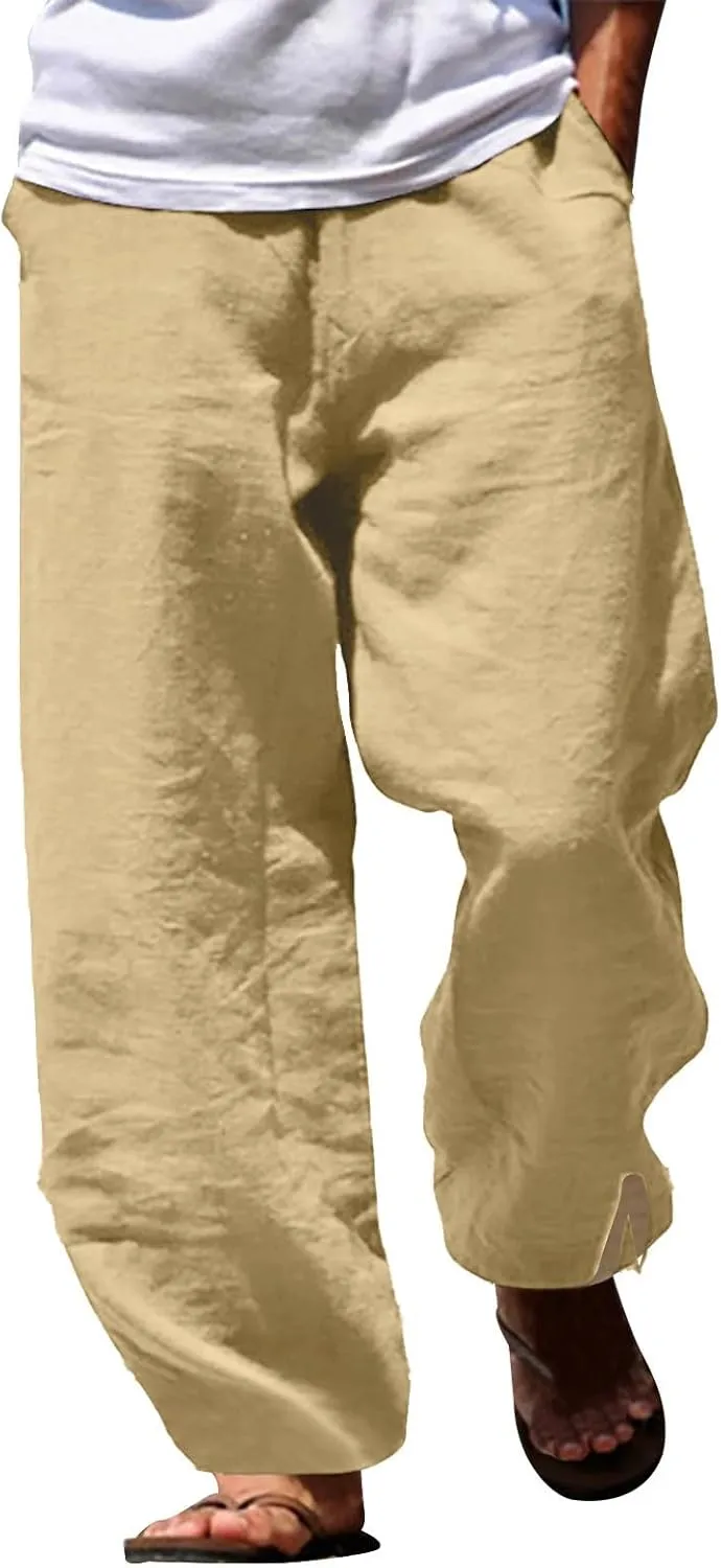 Men's Drawstring Linen Pants Casual Loose Fit Summer Stylish Yoga Pants Elastic Waist Trendy Trousers with Pockets