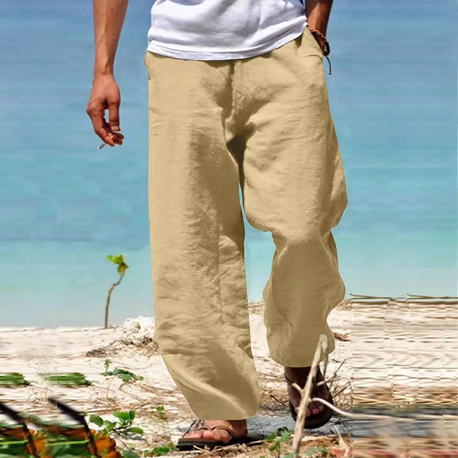 Men's Drawstring Linen Pants Casual Loose Fit Summer Stylish Yoga Pants Elastic Waist Trendy Trousers with Pockets