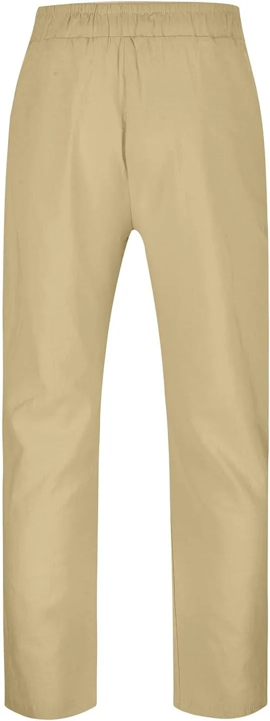 Men's Drawstring Linen Pants Casual Loose Fit Summer Stylish Yoga Pants Elastic Waist Trendy Trousers with Pockets