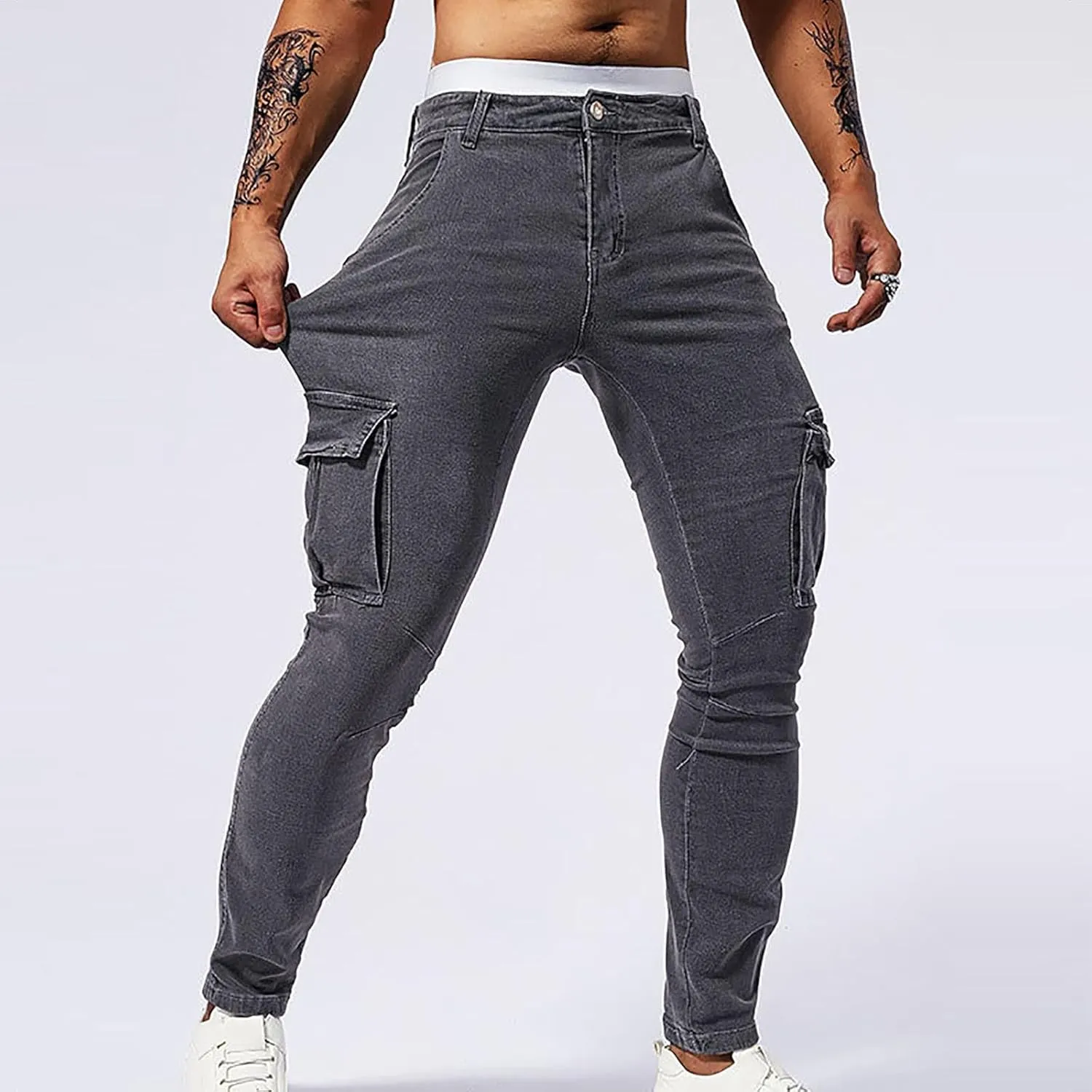 Men's Jeans Pants Fashion Solid Color Multiple Pockets Denim Cargo Trouser Stretch Slim Fit Pleated Trouser