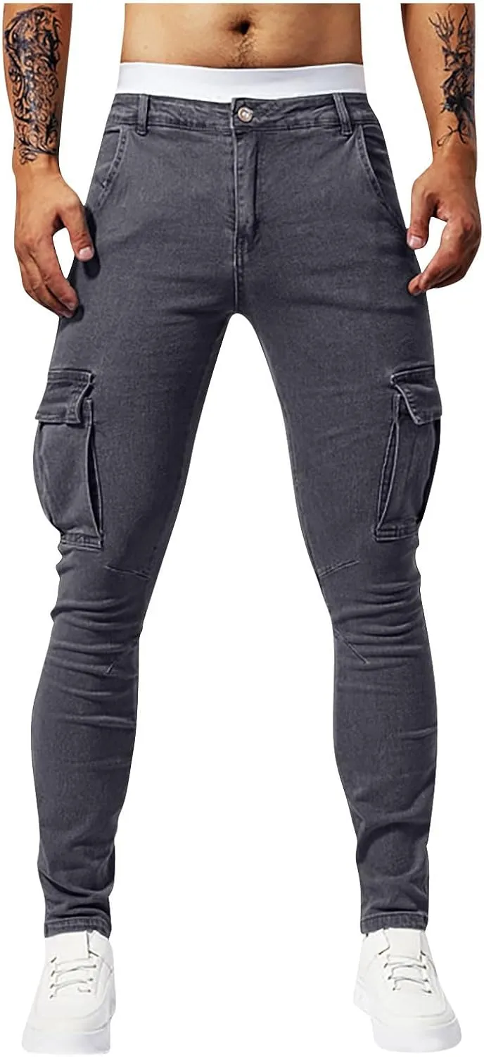 Men's Jeans Pants Fashion Solid Color Multiple Pockets Denim Cargo Trouser Stretch Slim Fit Pleated Trouser