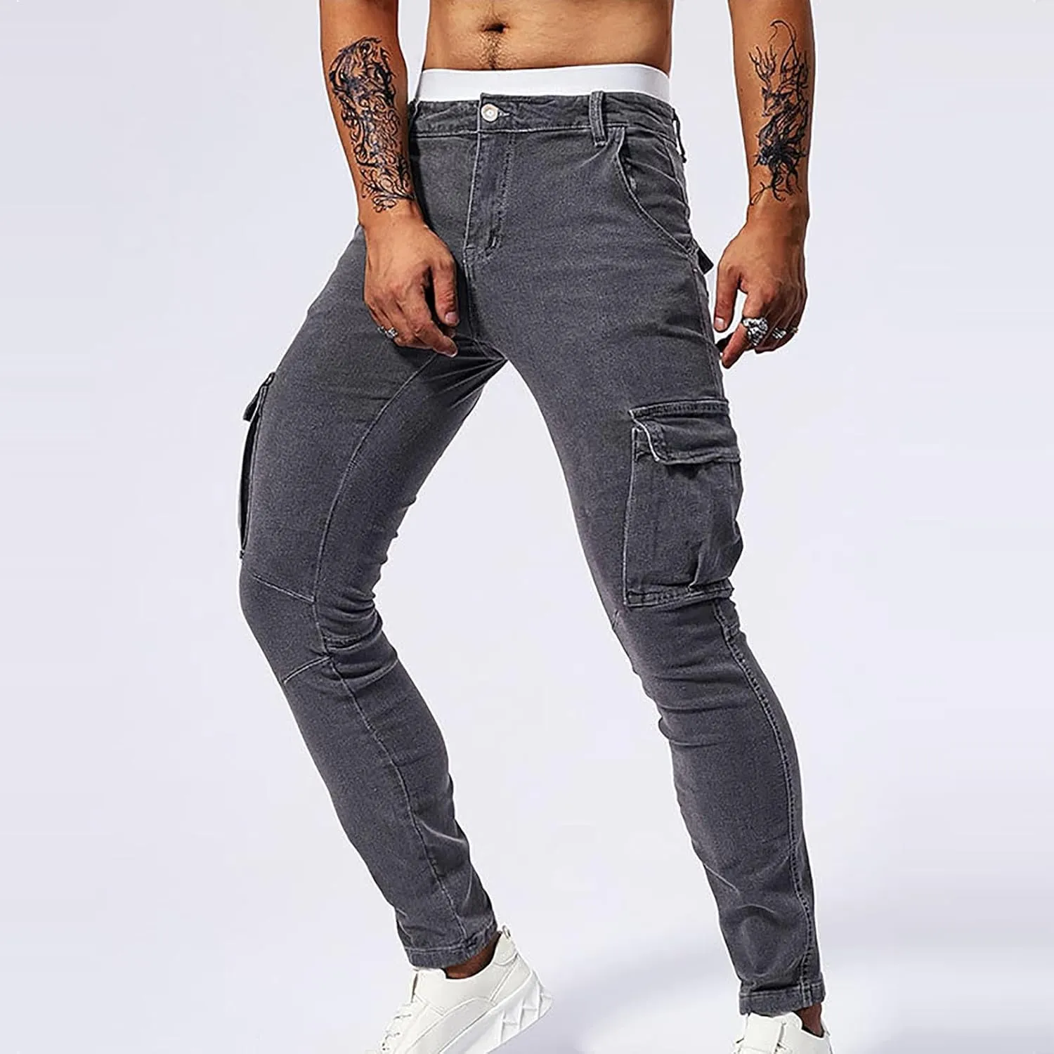 Men's Jeans Pants Fashion Solid Color Multiple Pockets Denim Cargo Trouser Stretch Slim Fit Pleated Trouser