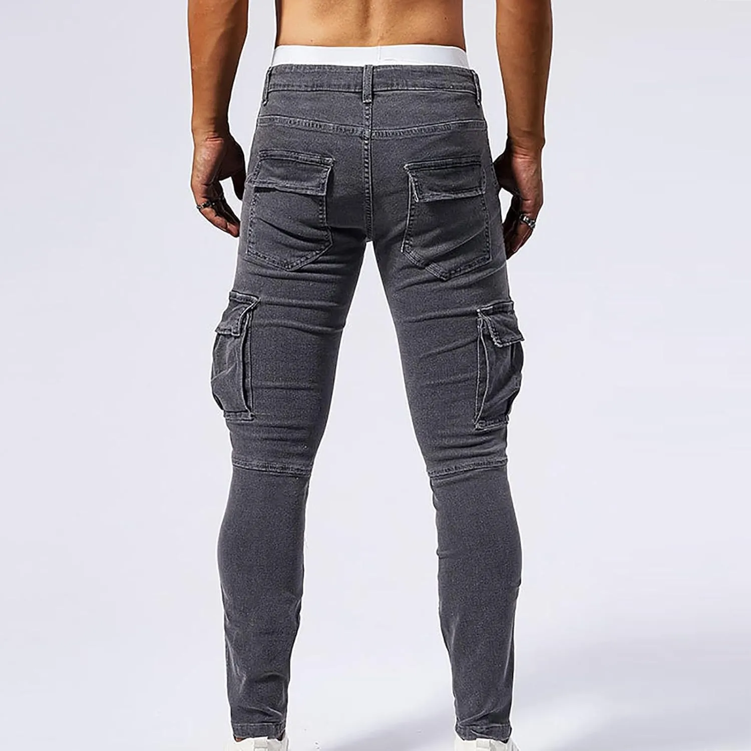 Men's Jeans Pants Fashion Solid Color Multiple Pockets Denim Cargo Trouser Stretch Slim Fit Pleated Trouser