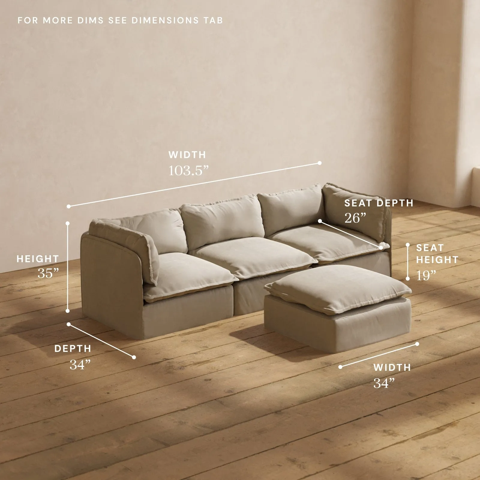 Modular Performance 3-Seater   Ottoman in Dune | Relaxed Blend