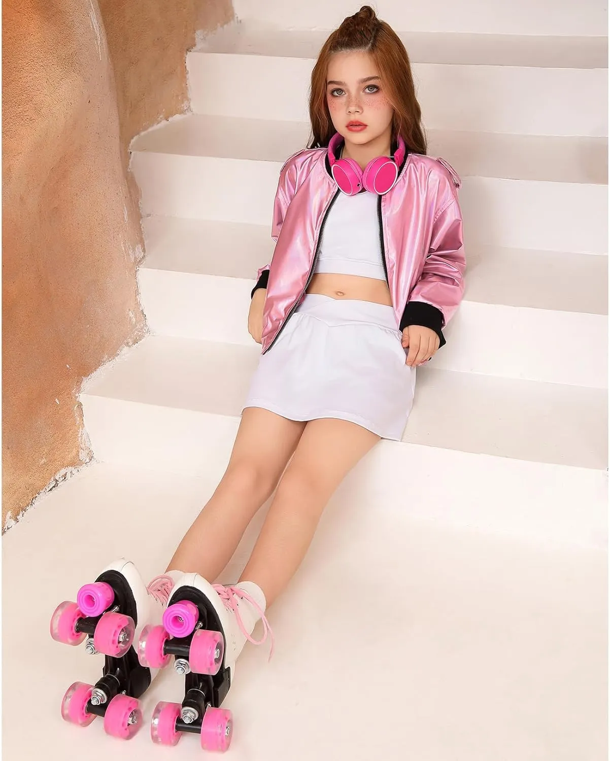 Perfashion Metallic Bomber Jacket for Girls Zip Up Cropped Jacket Sparkly Lightweight Coat Windbreaker with Pockets