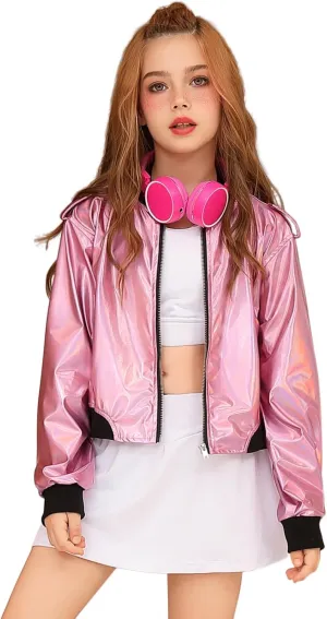 Perfashion Metallic Bomber Jacket for Girls Zip Up Cropped Jacket Sparkly Lightweight Coat Windbreaker with Pockets