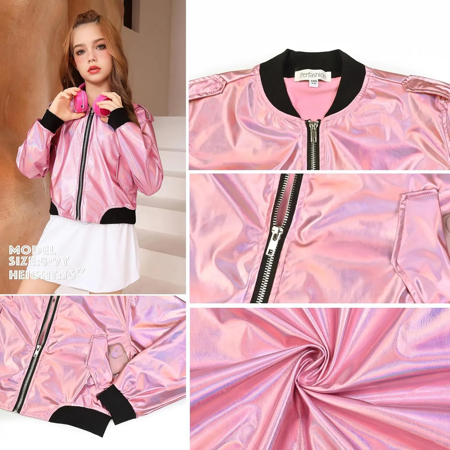 Perfashion Metallic Bomber Jacket for Girls Zip Up Cropped Jacket Sparkly Lightweight Coat Windbreaker with Pockets
