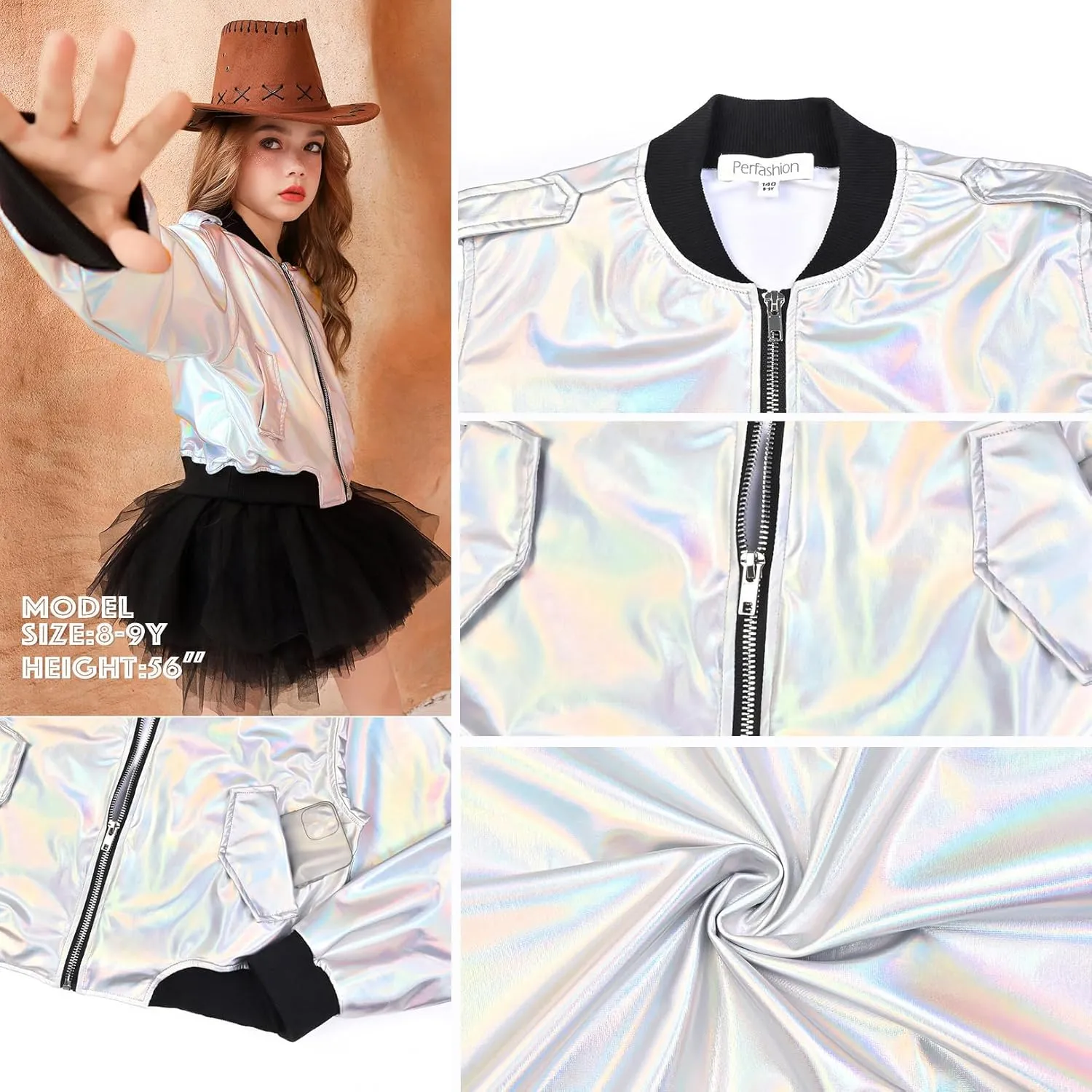 Perfashion Metallic Bomber Jacket for Girls Zip Up Cropped Jacket Sparkly Lightweight Coat Windbreaker with Pockets