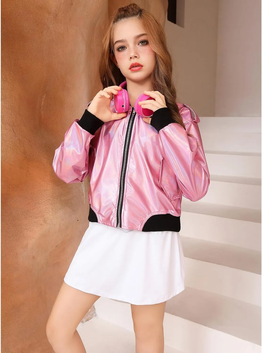 Perfashion Metallic Bomber Jacket for Girls Zip Up Cropped Jacket Sparkly Lightweight Coat Windbreaker with Pockets
