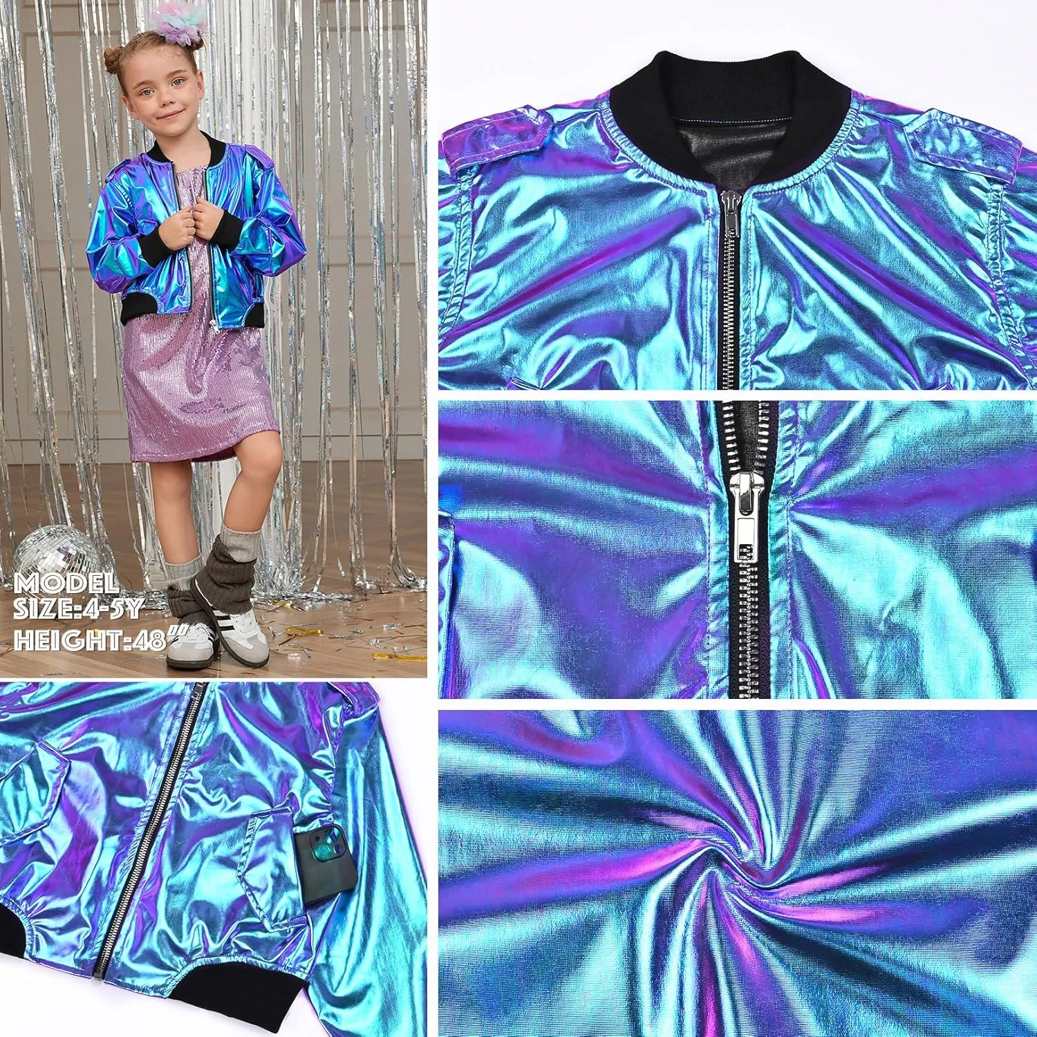 Perfashion Metallic Bomber Jacket for Girls Zip Up Cropped Jacket Sparkly Lightweight Coat Windbreaker with Pockets