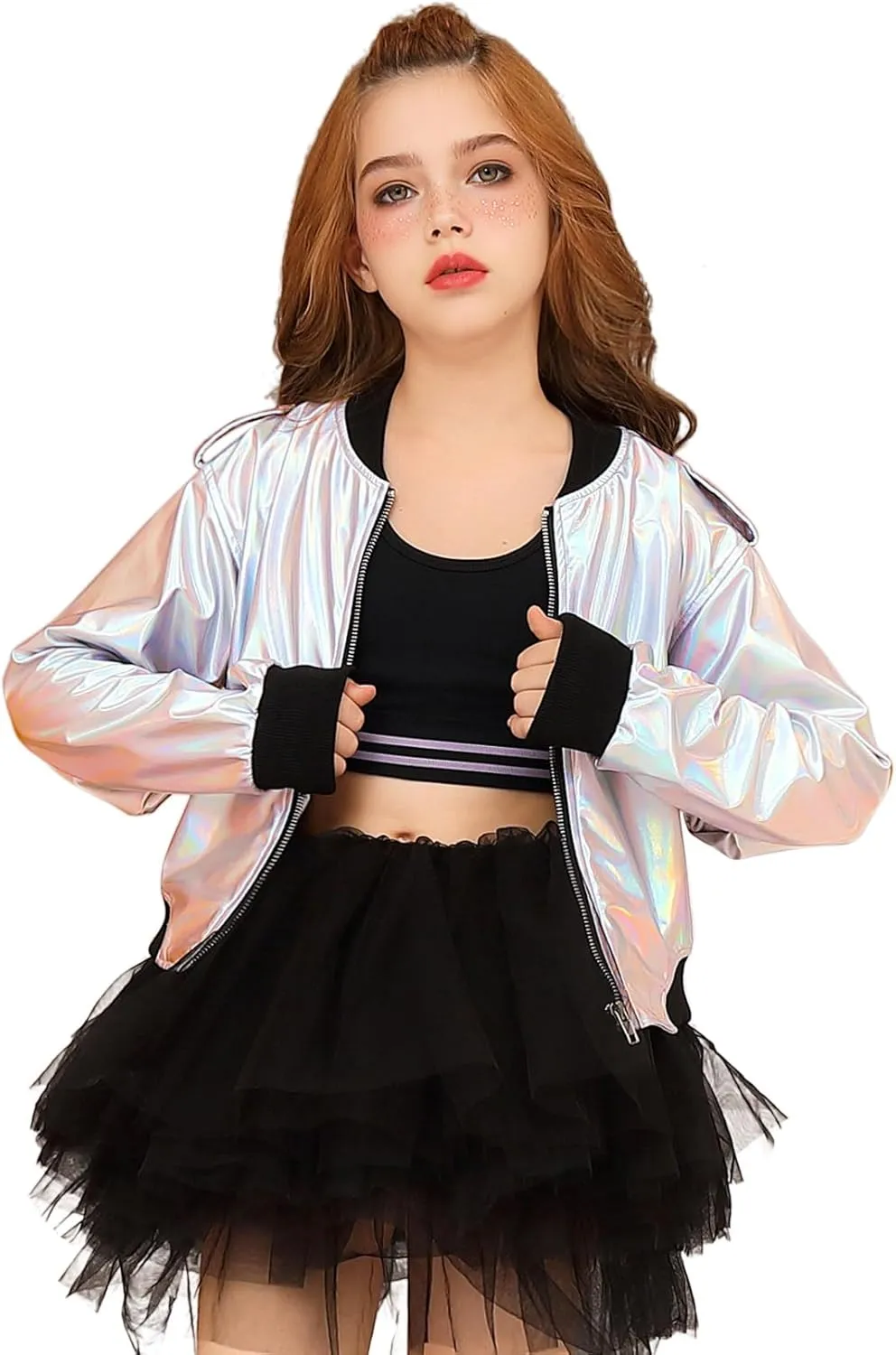 Perfashion Metallic Bomber Jacket for Girls Zip Up Cropped Jacket Sparkly Lightweight Coat Windbreaker with Pockets