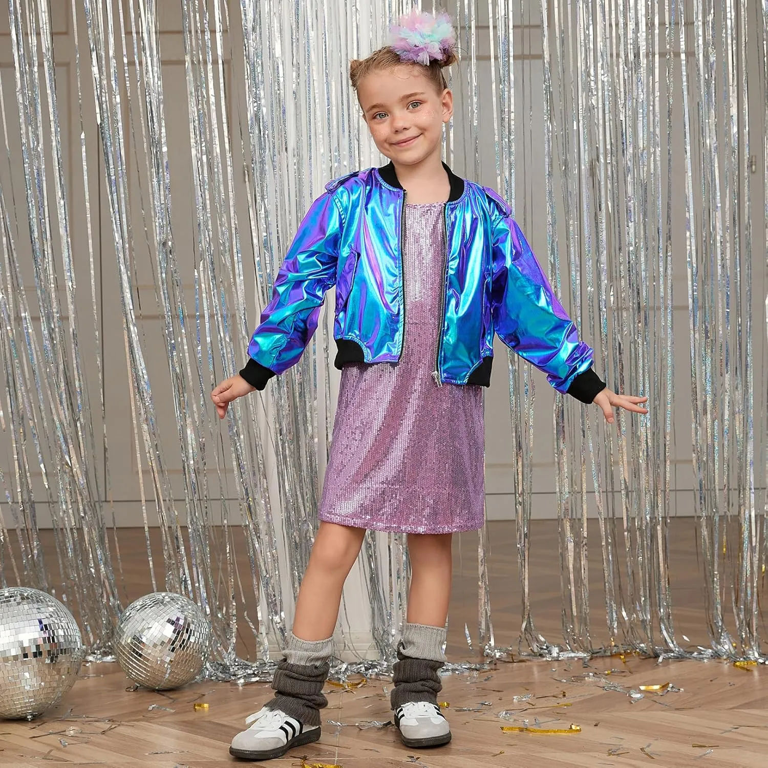 Perfashion Metallic Bomber Jacket for Girls Zip Up Cropped Jacket Sparkly Lightweight Coat Windbreaker with Pockets