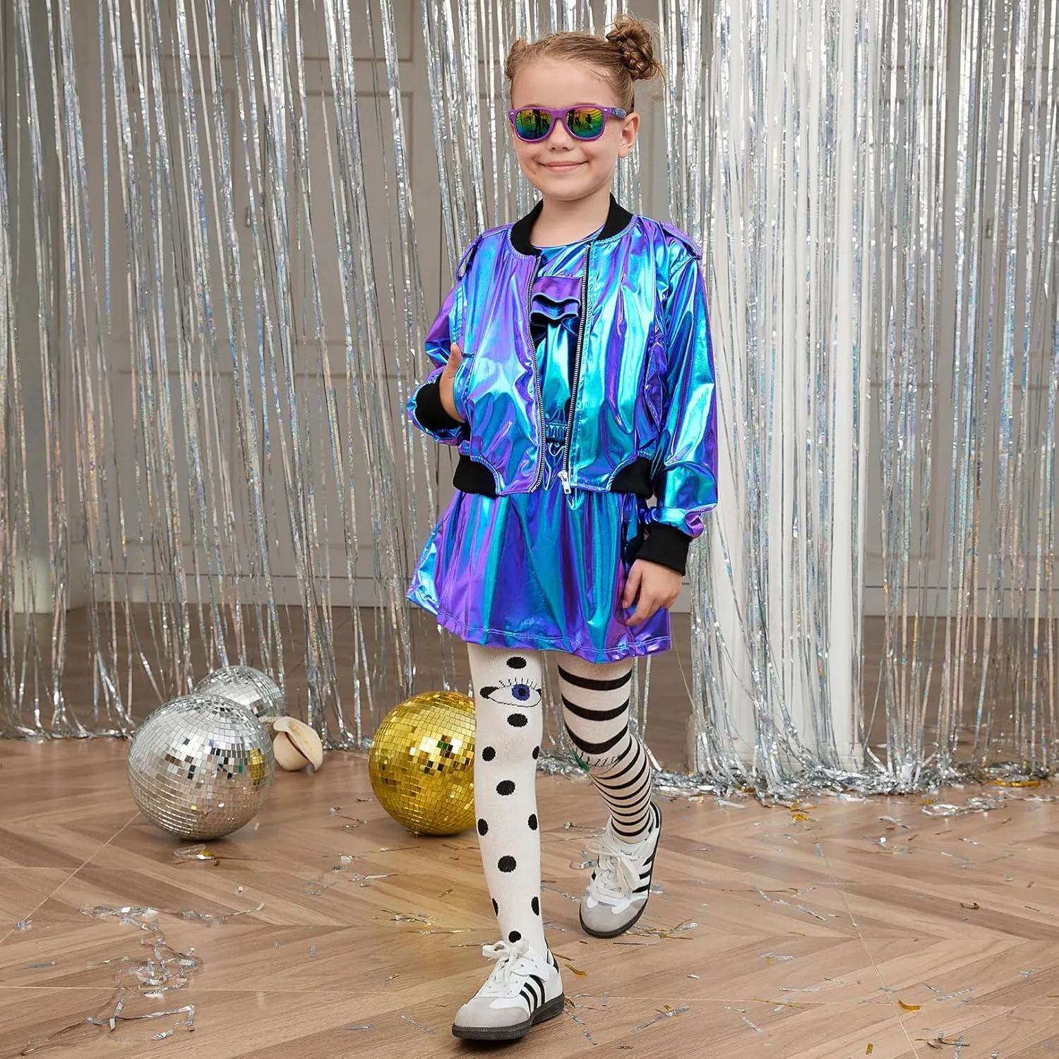 Perfashion Metallic Bomber Jacket for Girls Zip Up Cropped Jacket Sparkly Lightweight Coat Windbreaker with Pockets