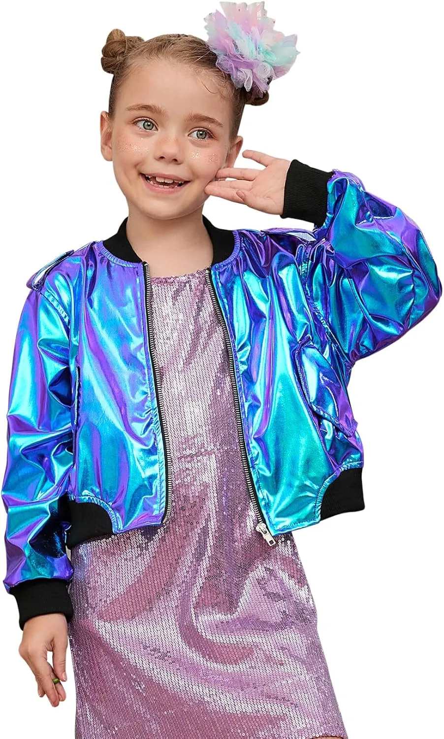 Perfashion Metallic Bomber Jacket for Girls Zip Up Cropped Jacket Sparkly Lightweight Coat Windbreaker with Pockets