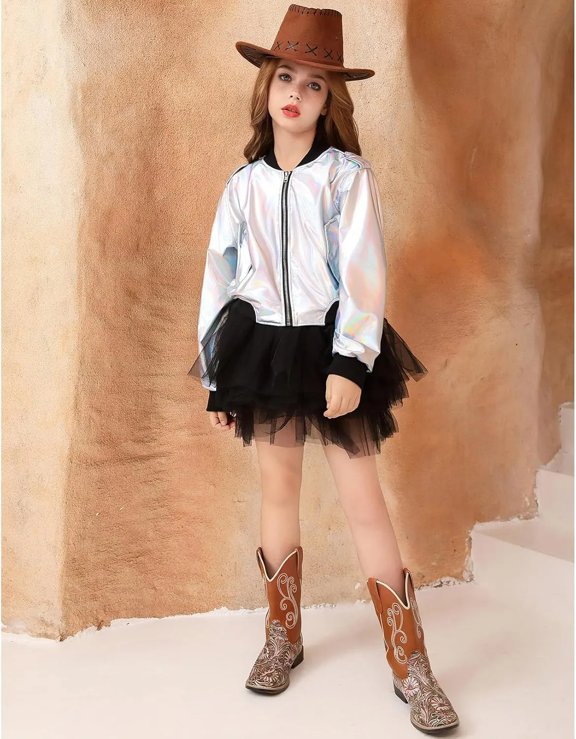 Perfashion Metallic Bomber Jacket for Girls Zip Up Cropped Jacket Sparkly Lightweight Coat Windbreaker with Pockets