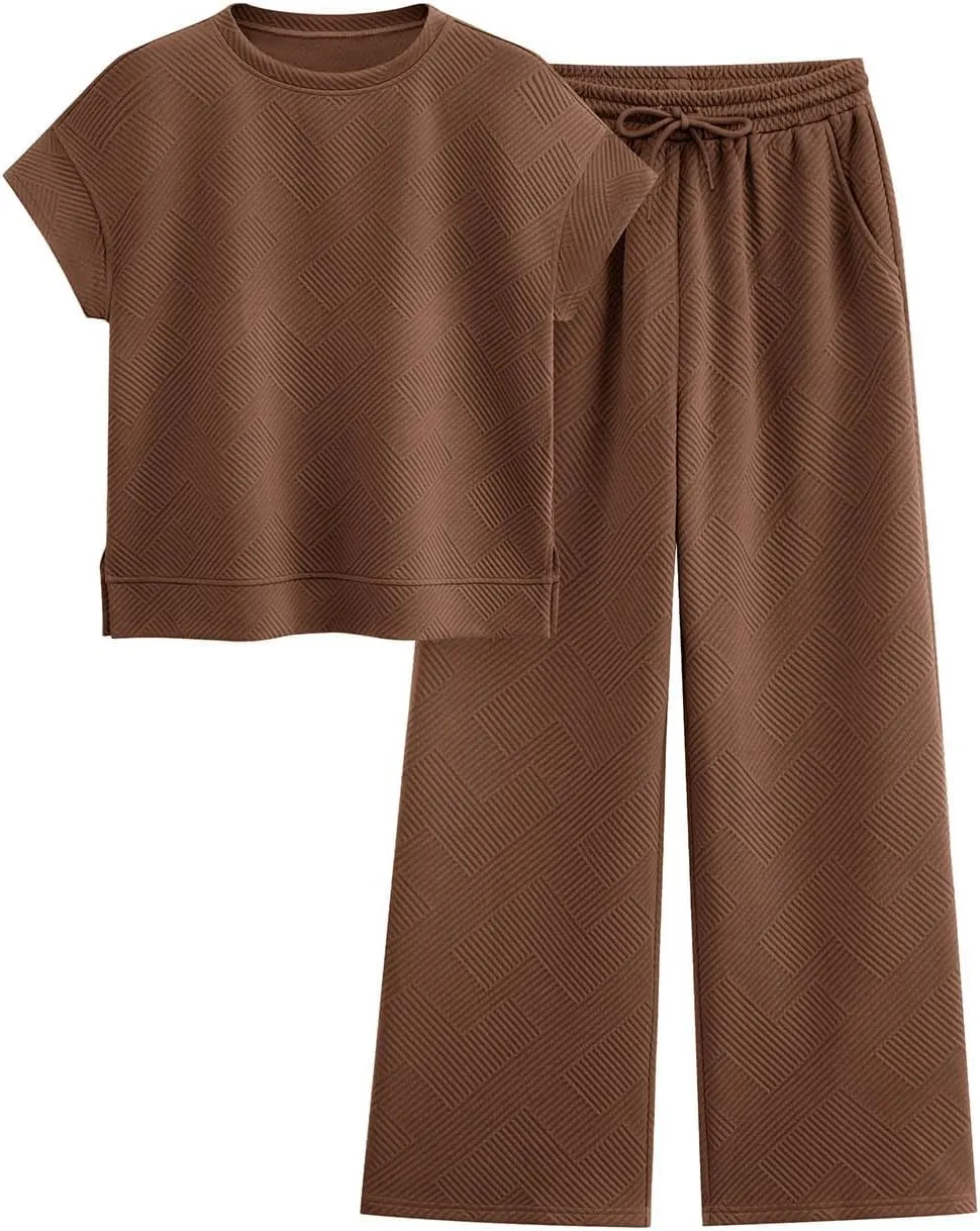 PRETTYGARDEN 2 Piece Outfits For Women Casual Tracksuit Short Sleeve Tops And Wide Leg Long Pants Matching Lounge Sets