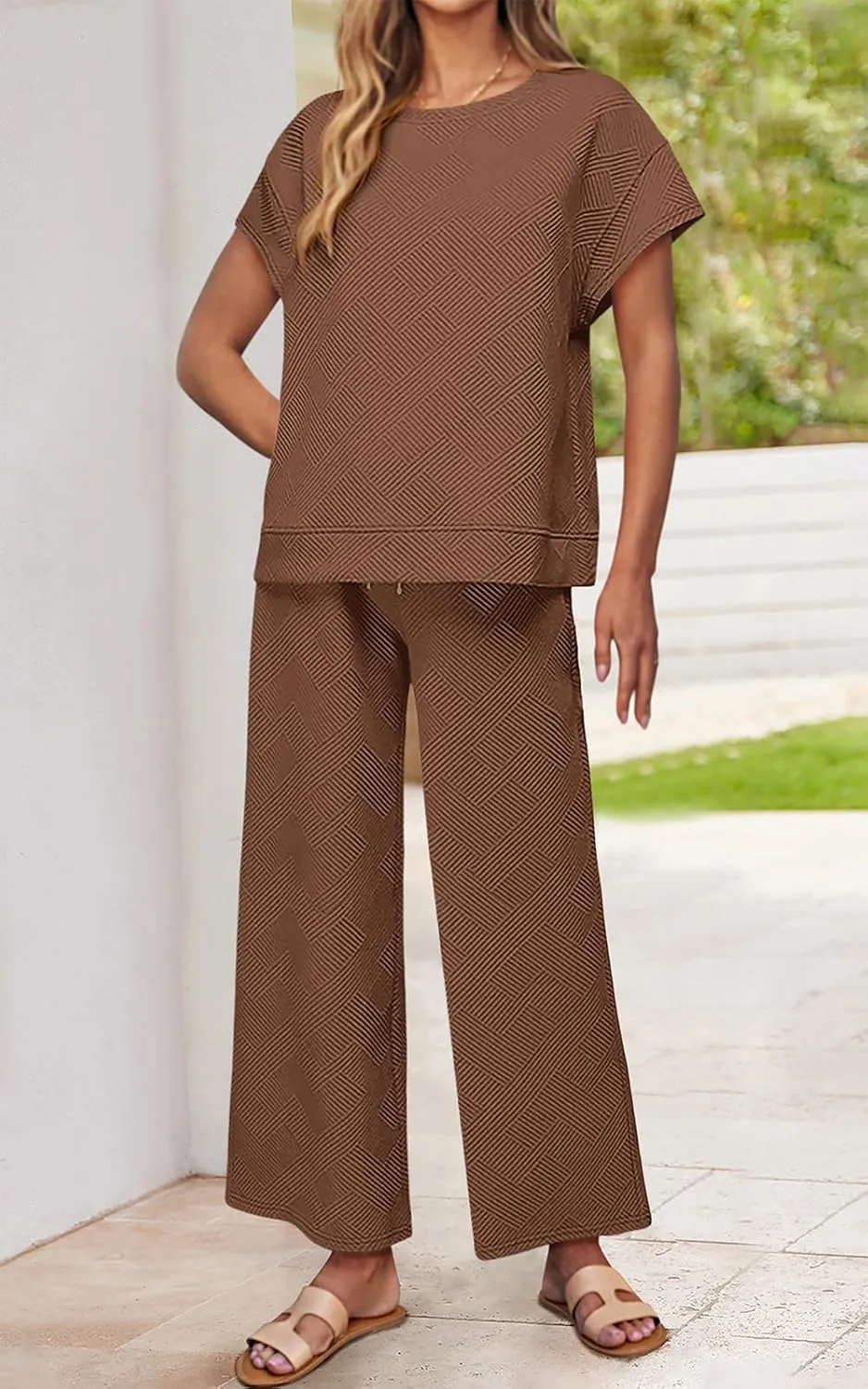 PRETTYGARDEN 2 Piece Outfits For Women Casual Tracksuit Short Sleeve Tops And Wide Leg Long Pants Matching Lounge Sets