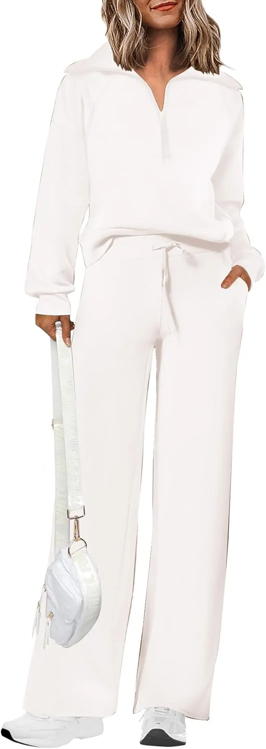 PRETTYGARDEN Women's 2 Piece Outfits Casual Lapel Half Zip Sweatshirts And Wide Leg Pants Tracksuit Sets