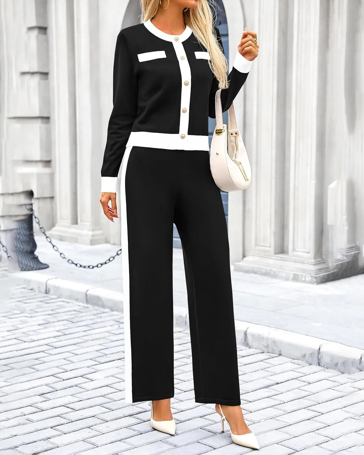 PRETTYGARDEN Women's 2 Piece Outfits Long Sleeve Button Down Color Block Cardigan Sweater Sets Wide Leg Pant Lounge Set