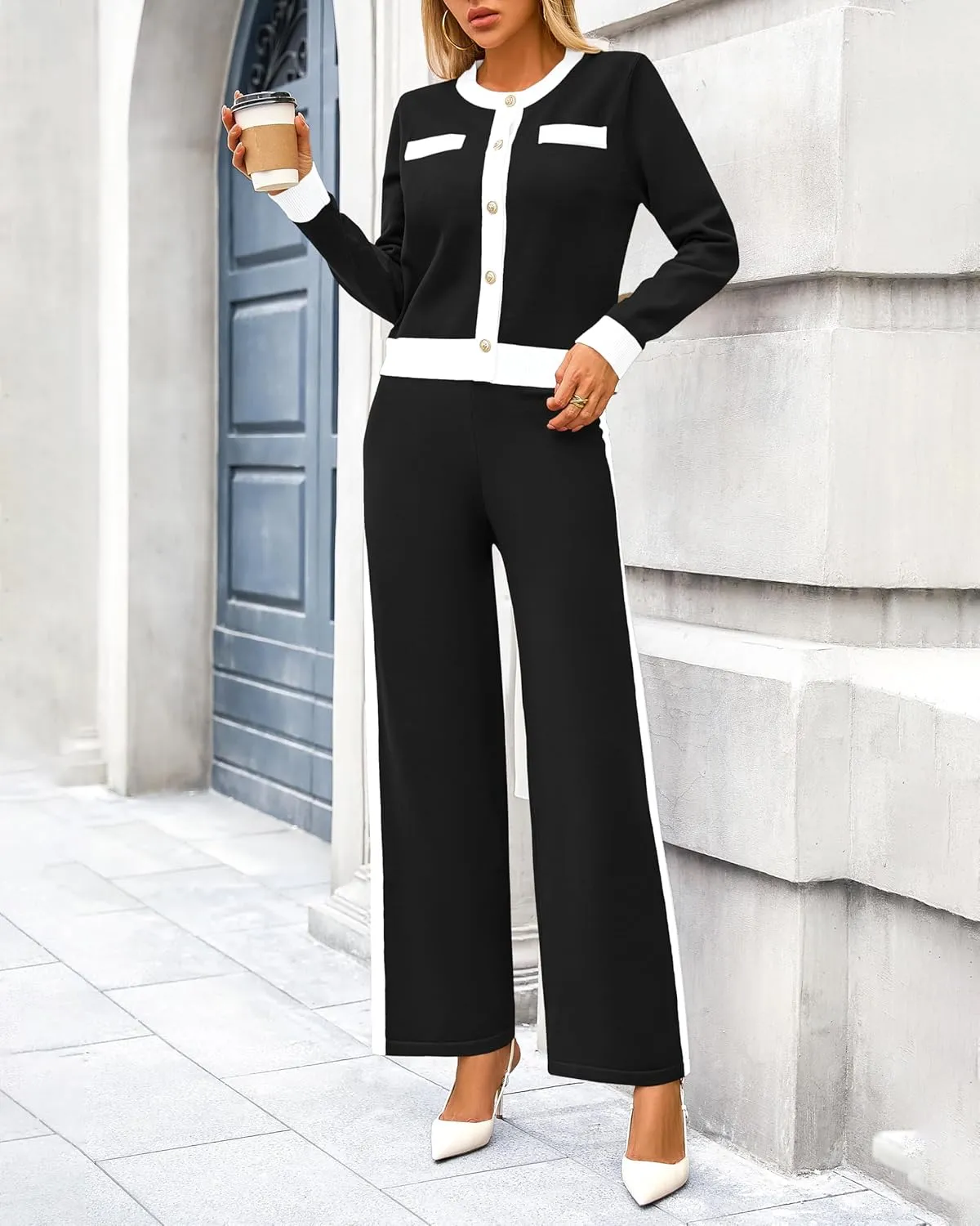 PRETTYGARDEN Women's 2 Piece Outfits Long Sleeve Button Down Color Block Cardigan Sweater Sets Wide Leg Pant Lounge Set