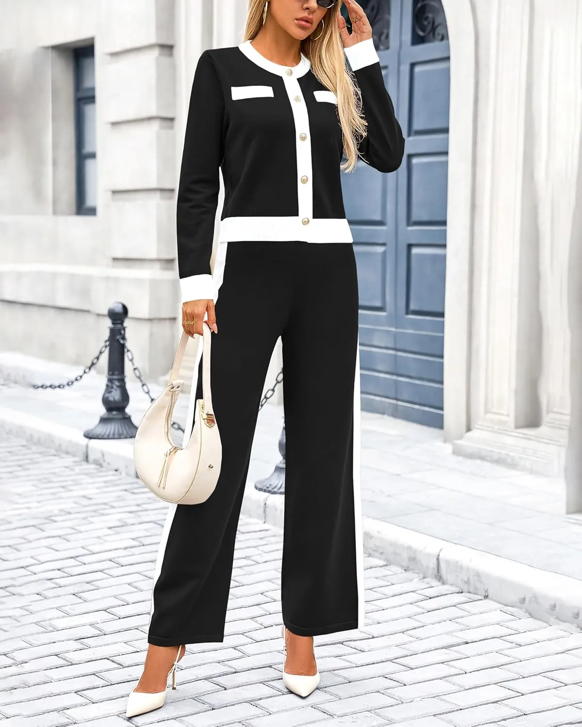PRETTYGARDEN Women's 2 Piece Outfits Long Sleeve Button Down Color Block Cardigan Sweater Sets Wide Leg Pant Lounge Set