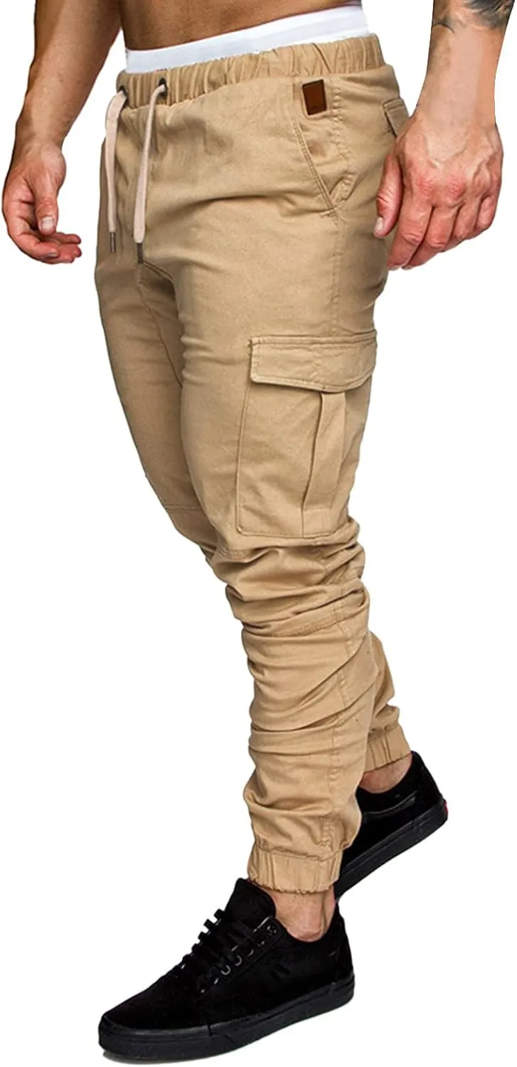 QWENTMTNTY Men Cargo Pants Casual Elastic Waist Slim Fit Workout Joggers Big Tall Outdoor Athletic Hiking Sweatpants Pockets