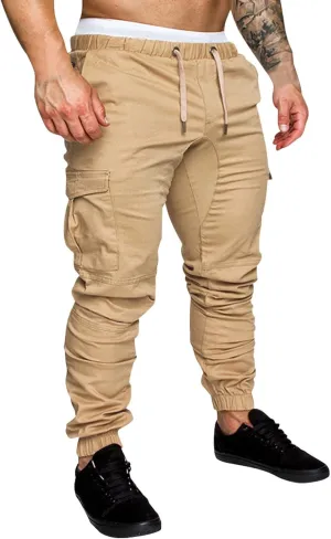 QWENTMTNTY Men Cargo Pants Casual Elastic Waist Slim Fit Workout Joggers Big Tall Outdoor Athletic Hiking Sweatpants Pockets