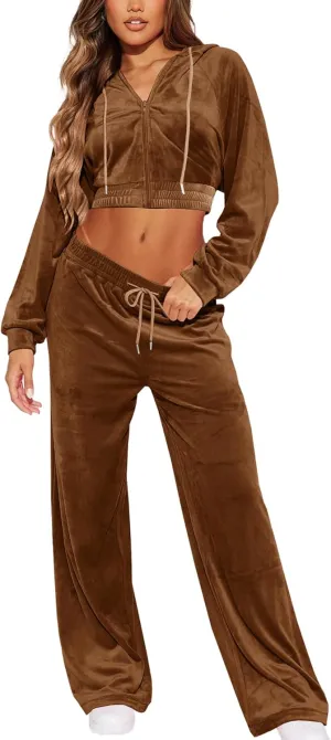 SMSN Women Sweatsuits Set Velvet 2 Piece Tracksuit Outfits Velour Jogging Long Sleeve Sweat Hoodie and Sweatpants Set