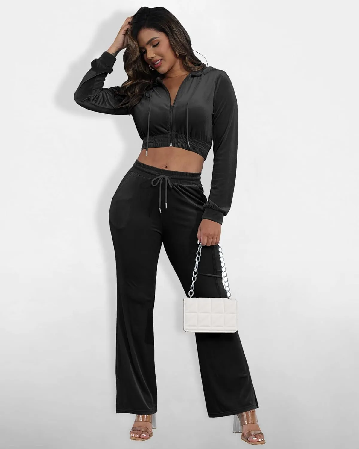 SMSN Women Sweatsuits Set Velvet 2 Piece Tracksuit Outfits Velour Jogging Long Sleeve Sweat Hoodie and Sweatpants Set