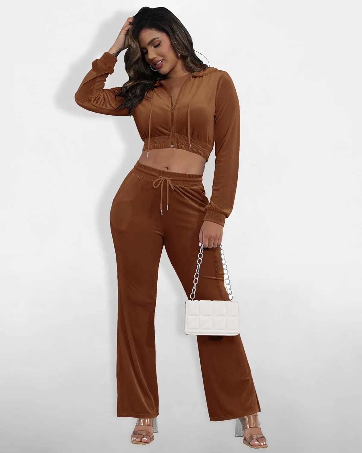 SMSN Women Sweatsuits Set Velvet 2 Piece Tracksuit Outfits Velour Jogging Long Sleeve Sweat Hoodie and Sweatpants Set