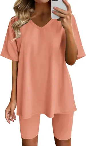 Sport Sets Women 2 Piece Outfits Women Summer Casual Oversized T-Shirt Tops Biker Shorts Workout Sports Tracksuit