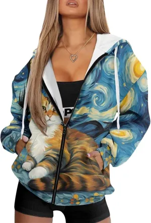 Starry Night Painting Women Full Zip-Up Hoodies 3D Print Graphic Sweatshirts Cool Novelty Hooded Hoodie