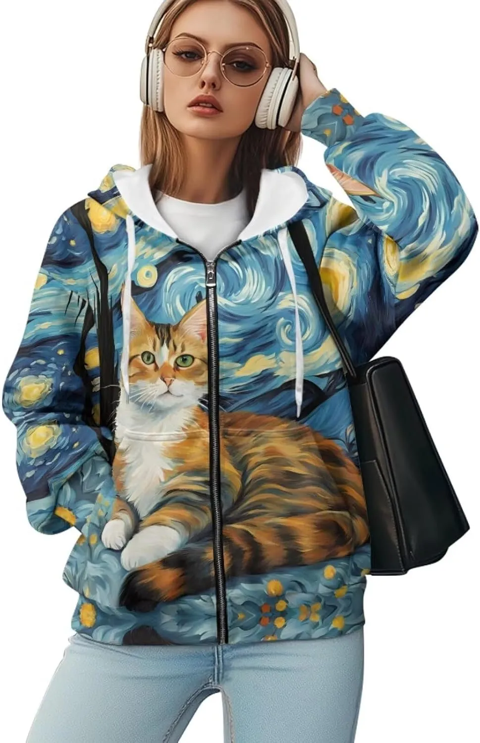 Starry Night Painting Women Full Zip-Up Hoodies 3D Print Graphic Sweatshirts Cool Novelty Hooded Hoodie