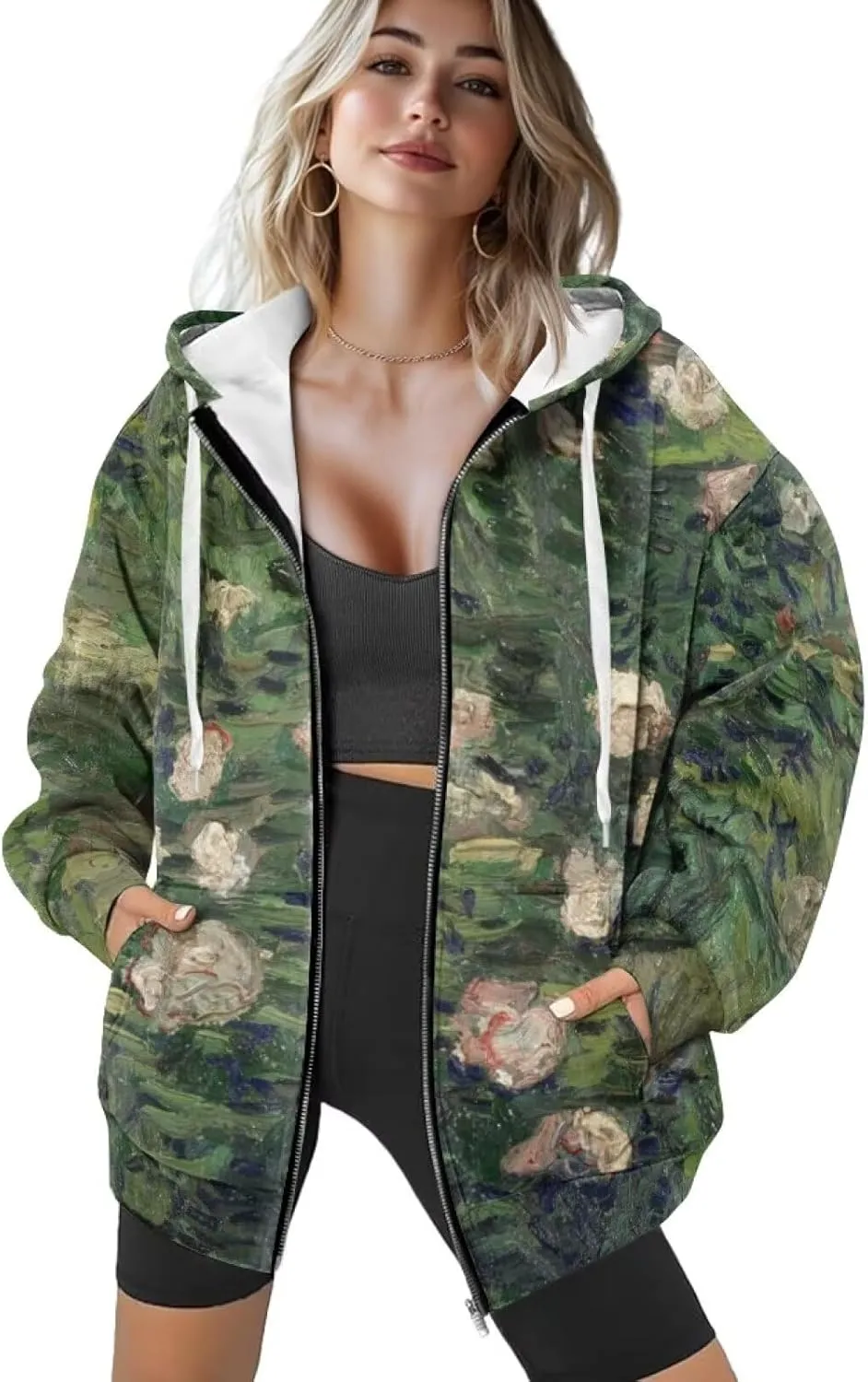 Starry Night Painting Women Full Zip-Up Hoodies 3D Print Graphic Sweatshirts Cool Novelty Hooded Hoodie