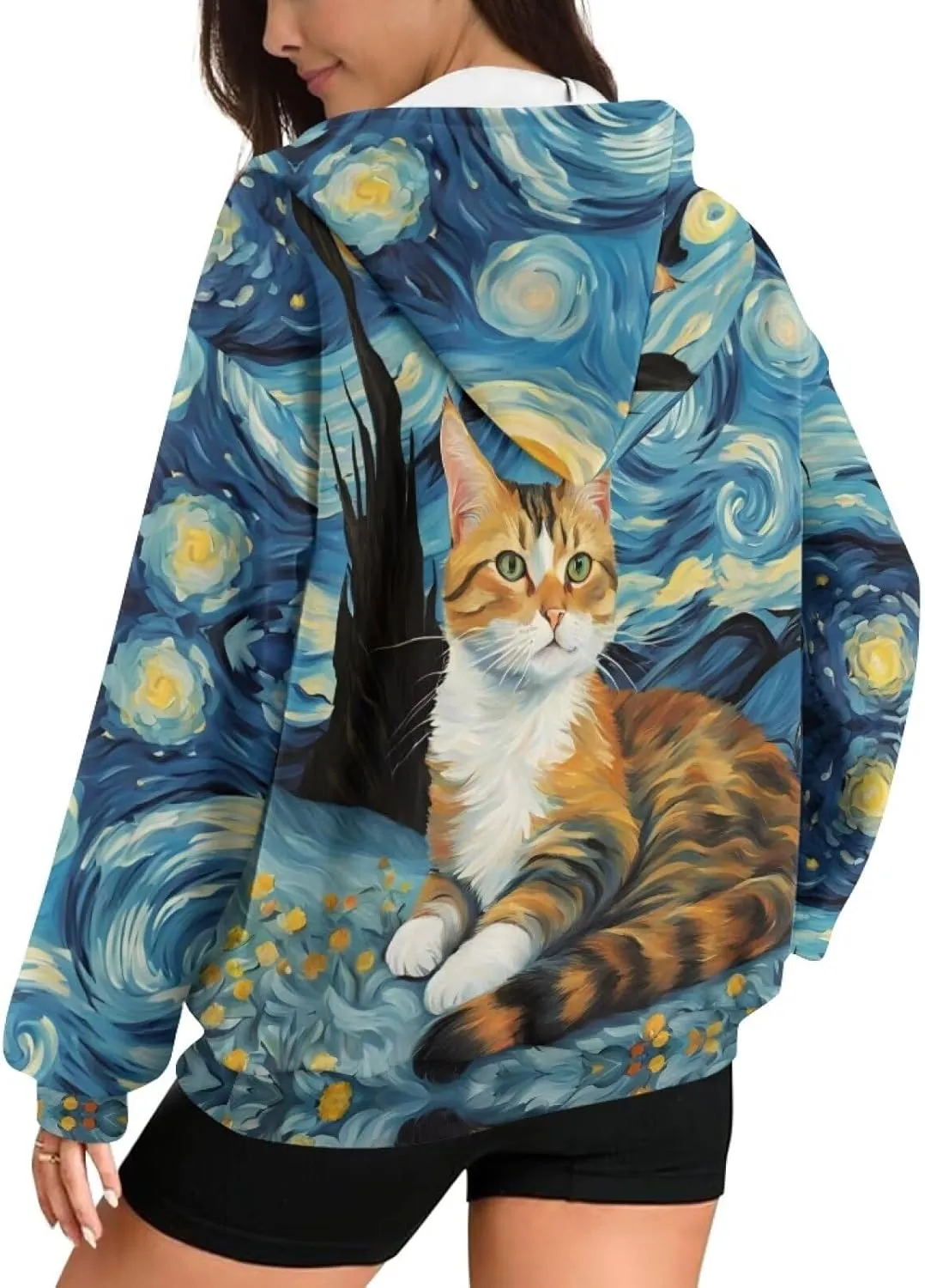 Starry Night Painting Women Full Zip-Up Hoodies 3D Print Graphic Sweatshirts Cool Novelty Hooded Hoodie