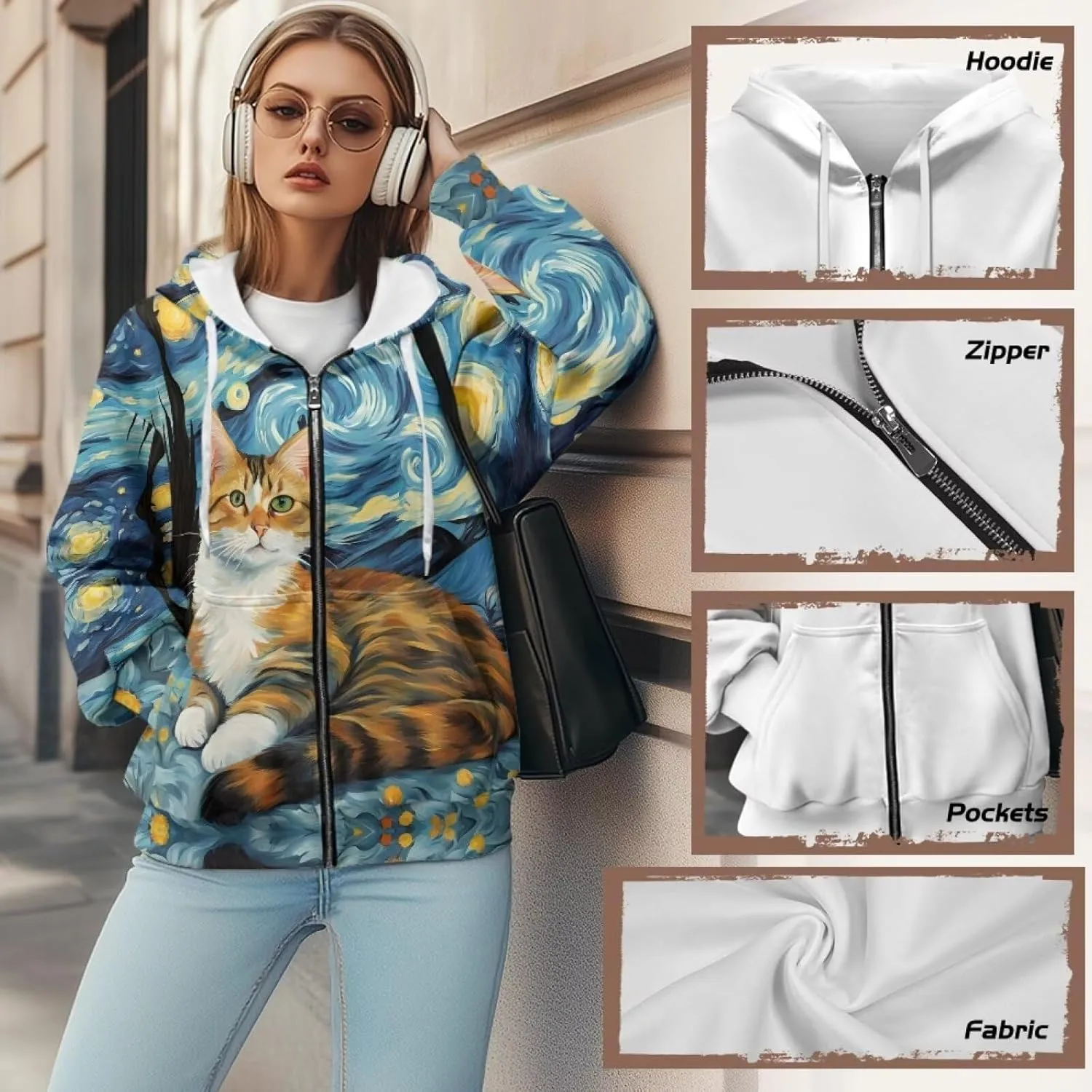 Starry Night Painting Women Full Zip-Up Hoodies 3D Print Graphic Sweatshirts Cool Novelty Hooded Hoodie