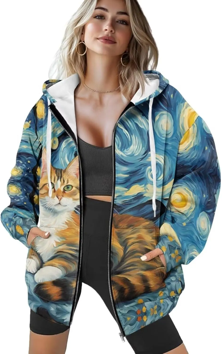 Starry Night Painting Women Full Zip-Up Hoodies 3D Print Graphic Sweatshirts Cool Novelty Hooded Hoodie